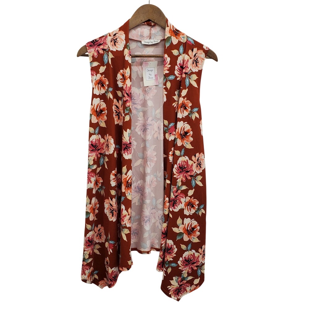 Design By Olivia Womens Sleeveless Floral Cardigan Size 1XL Rust Open Front NWT